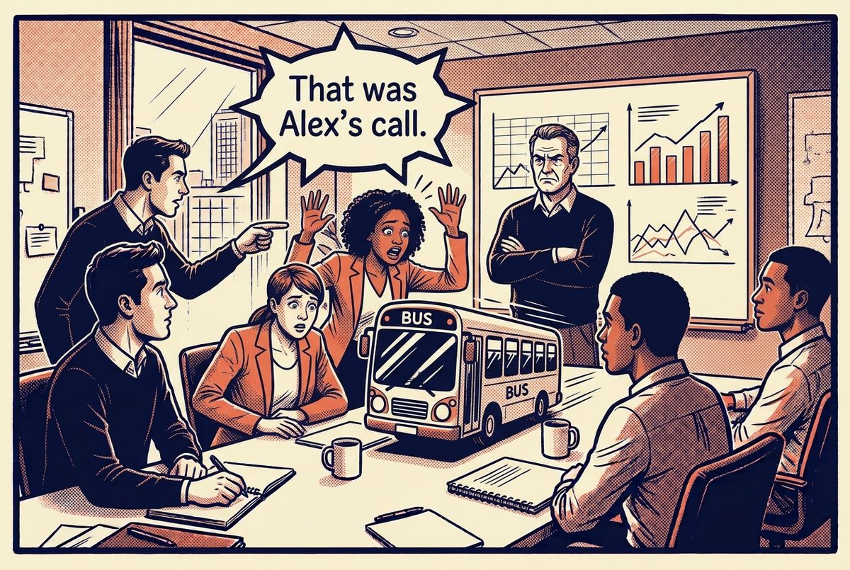 프로젝트 리뷰에서 한 사람이 "That was Alex's call."라며 동료를 가리키고, 지목당한 동료가 놀라 두 손을 드는 앞에 작은 버스가 다가오는 장면